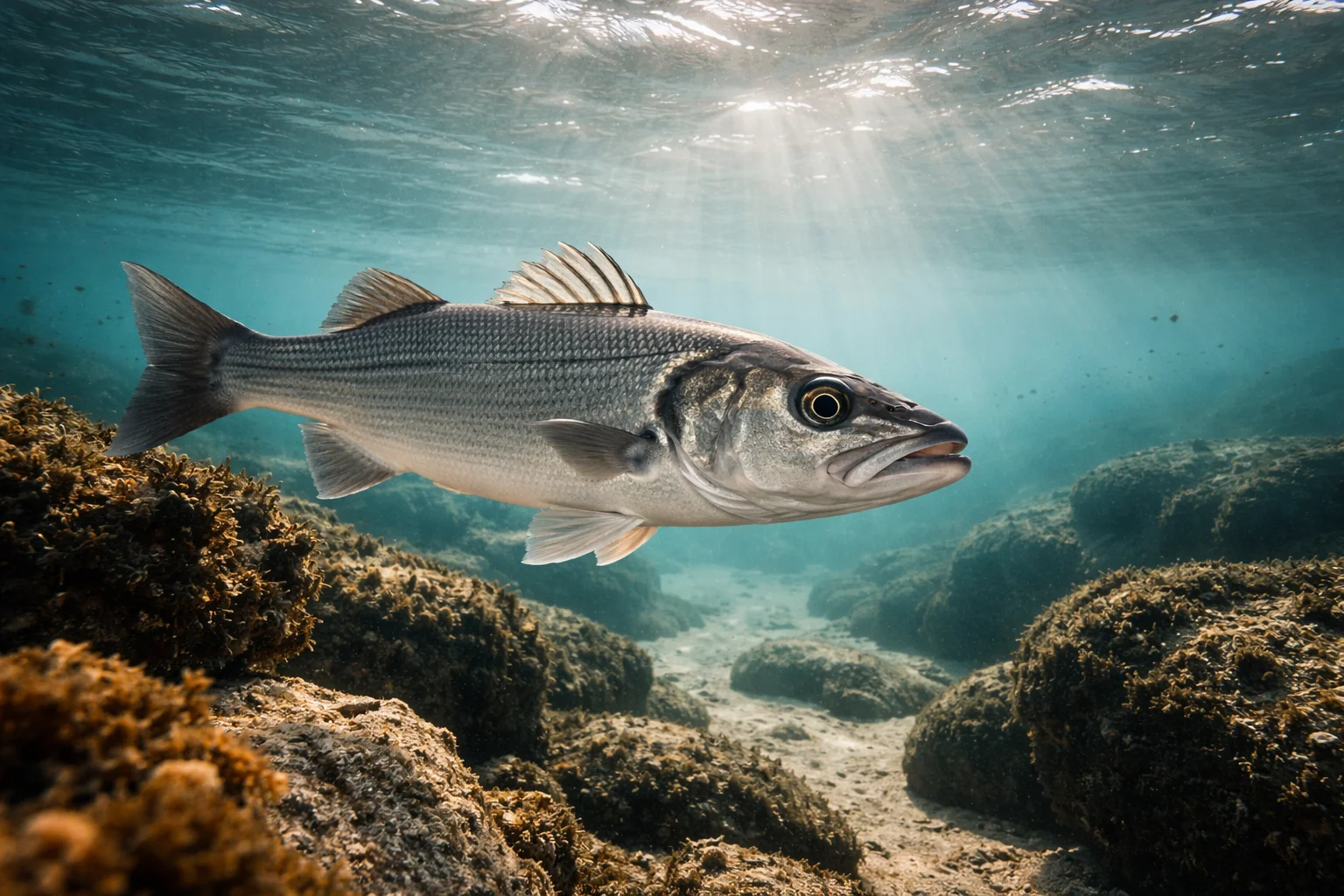 Bar commun Atlantique (Dicentrarchus labrax) sur fond marin côtier