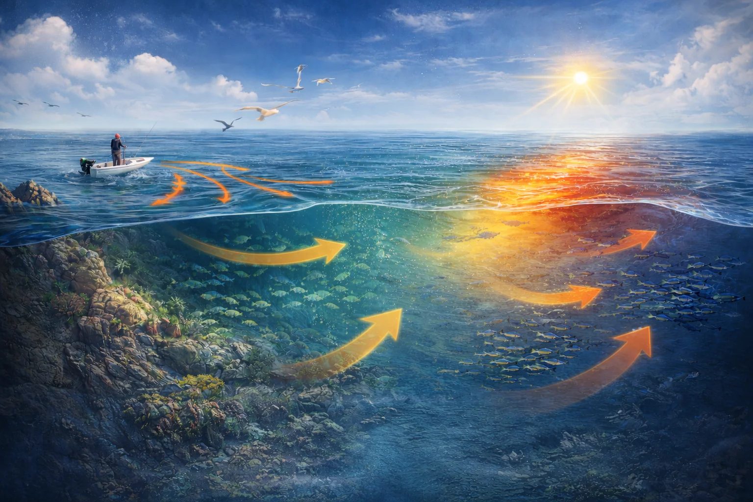 Illustration des courants océaniques et fronts thermiques influençant la concentration des poissons en mer