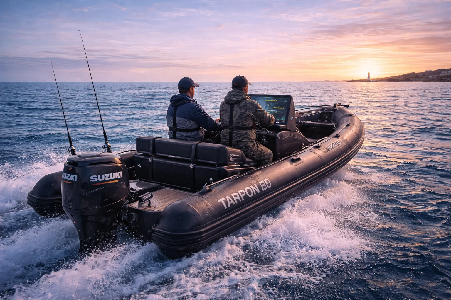 Deux pêcheurs en mer sur semi-rigide au lever du soleil, partant pêcher sur une zone ciblée grâce à FishPredict