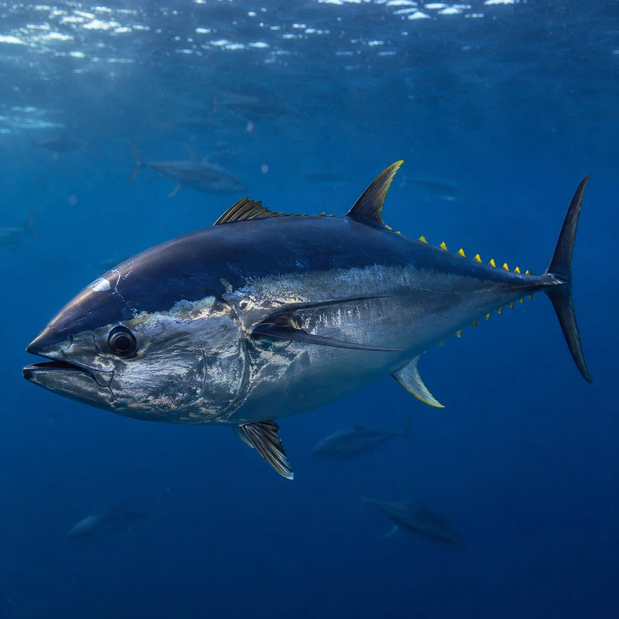 Thon rouge (Thunnus thynnus) nageant en pleine eau dans l’Atlantique, vu de profil