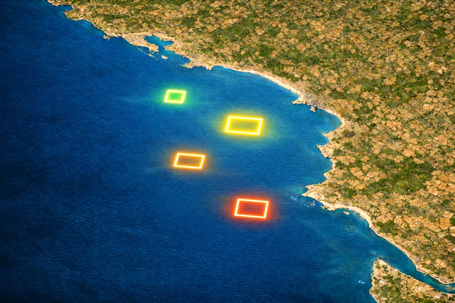 Carte FishPredict avec zones de pêche colorées selon le score de présence des poissons sur la côte atlantique