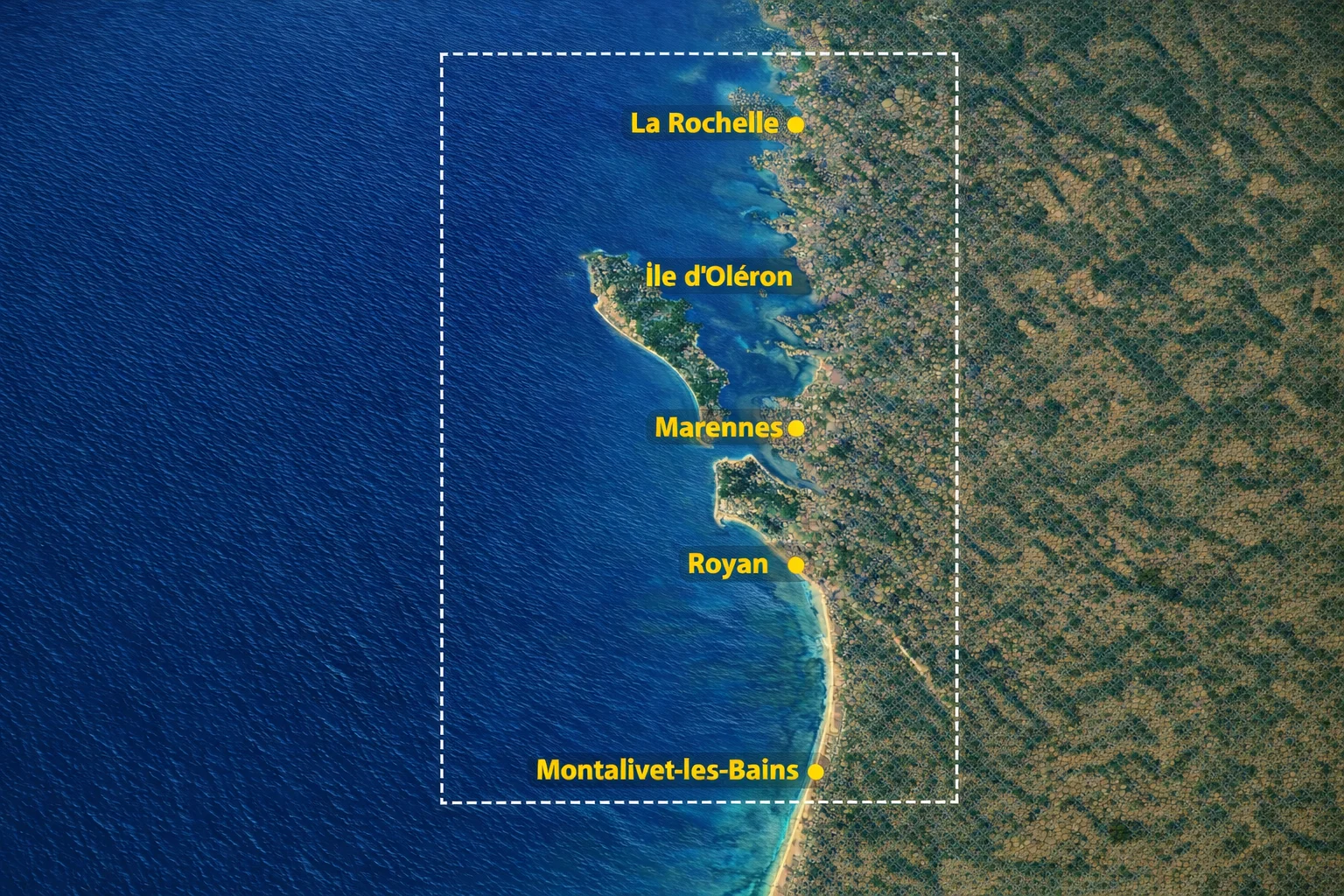 Vue aérienne de la zone de pêche couverte par FishPredict sur la façade atlantique, de l'île de Ré à Montalivet-les-Bains