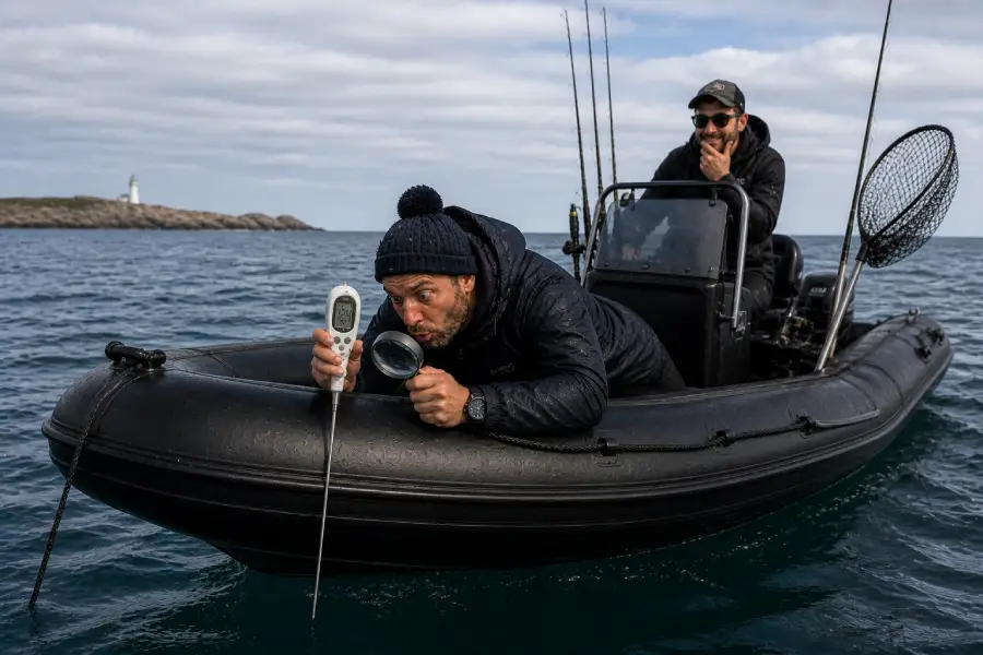front thermique en mer avec différence de température de l’eau et bateau de pêche